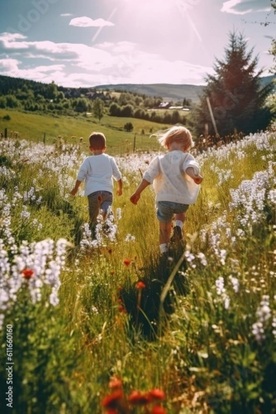 Fototapeta Back view of young children running over a blossoming meadow on a sunny summer day