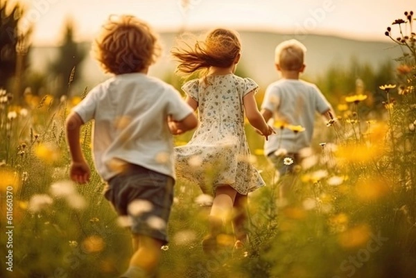 Fototapeta Back view of young children running over a blossoming meadow on a sunny summer day