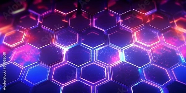 Obraz Abstract and Futuristic Hexagonal Background with Colorful and Glowing Neon Effect. Modern Technology Background. Generative AI