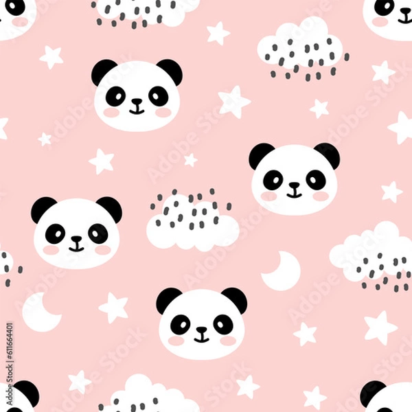 Fototapeta Adorable panda bear with stars and clouds on a pink baby girl seamless pattern background, kids cute woodland animals fabric and textile print design.