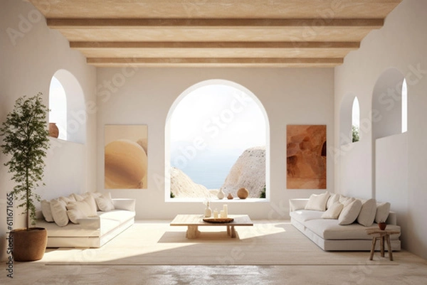 Obraz mediterranean minimalist living room, architecture, generative ai