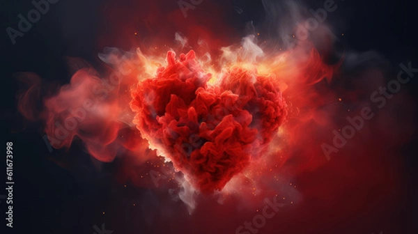 Fototapeta Red smoke in heart shape on dark background. Freeze motion of color vaper exploding. 3d Illustration-Generative AI