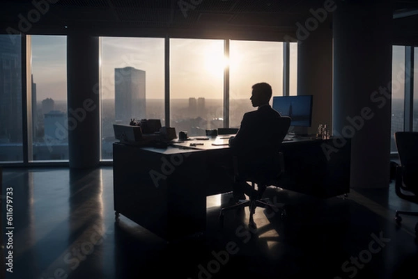 Fototapeta A stockbroker sits at a desk in an empty office at dawn. Photorealistic illustration generative AI.