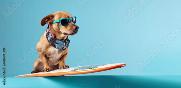 Obraz Funny dog in sunglasses surf on a surfboard on blue background. Summer concept. Generative ai