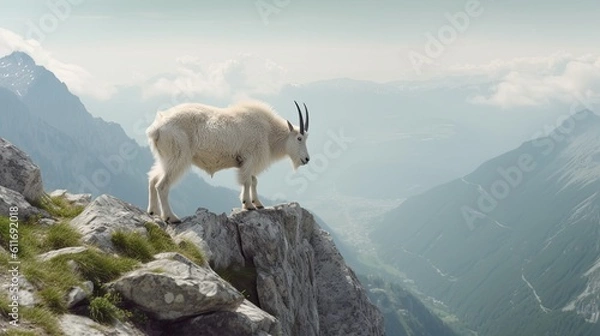 Obraz Goat On Mountain Cliff, Generative AI Illustration