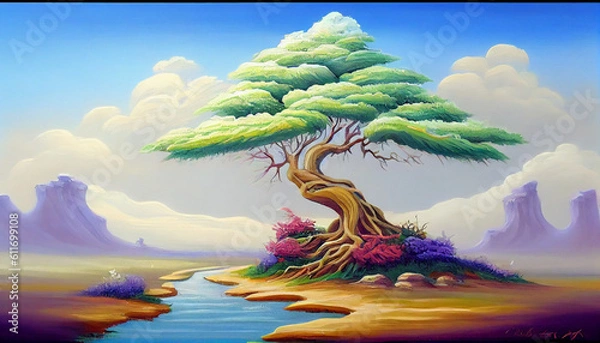 Fototapeta Generative AI landscape with tree