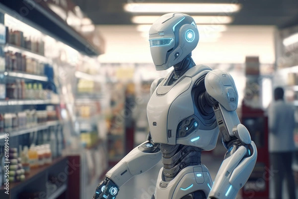 Fototapeta Robot in the store, shopping of the future. AI generative.