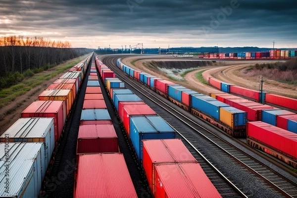 Fototapeta Freight train with cargo containers, generative ai.