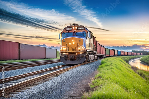 Fototapeta Freight train with cargo containers, generative ai.