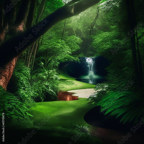 Obraz green forest park with waterfall