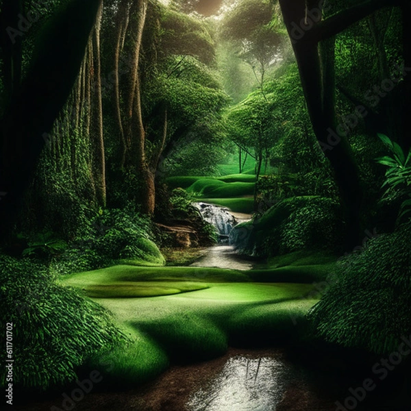 Obraz green forest park with waterfall