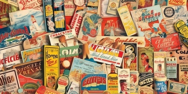 Fototapeta Montage of vintage advertisements magazines and posters with bright and bold colors, concept of retro style and nostalgic memories, concept of Retro Revival, created with Generative AI technology