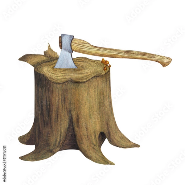 Obraz Tree stump, cut wood trunk, axe with wooden handle. Watercolor illustration on a white background. Hand drawn