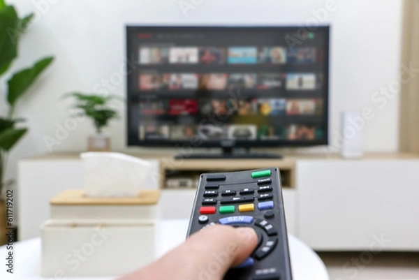 Obraz First person view of hand holding remote control, choosing what to watch on streaming platform displayed on television screen in background but out of focus, depicting home life
