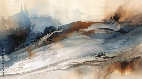 Fototapeta Earthy abstract flowing painted background in blue, grey and brown by generative AI