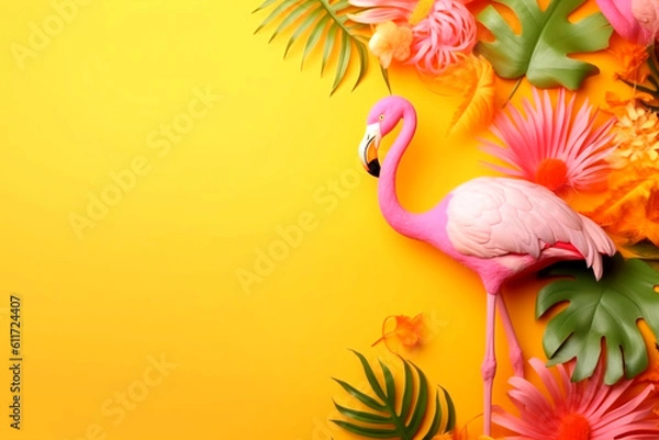 Fototapeta Summer frame flamingo tropical, yellow pink background