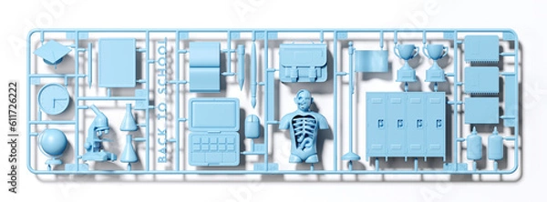 Fototapeta Minimal background for education concept. Blue plastic model kit of back to school element on white background. 3d rendering illustration. Object isolate clipping path included.