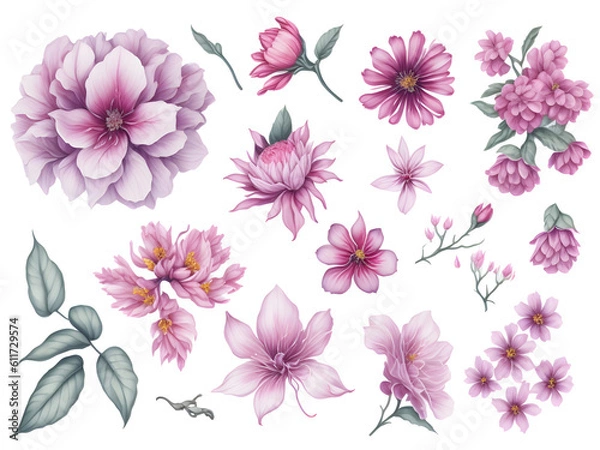 Fototapeta set of watercolor sakura elements on transparent background,  generative ai