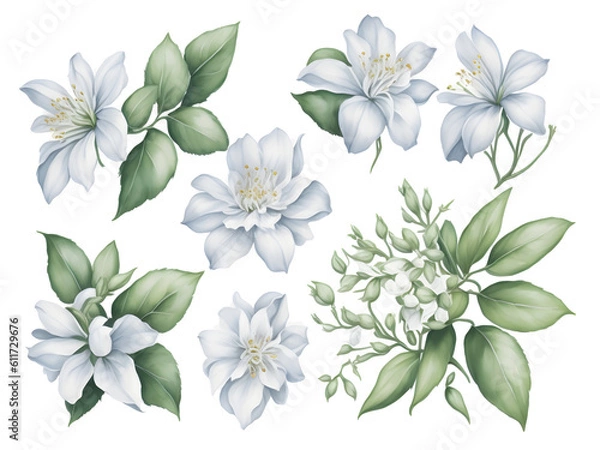 Fototapeta set of watercolor jasmine elements on transparent background, generative ai