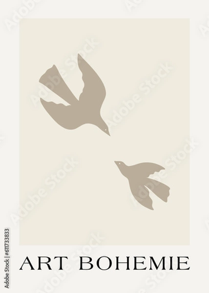 Fototapeta Abstract groovy posters dove of peace. Modern trendy Matisse minimal style. Hand drawn design for wallpaper, wall decor, print, postcard, cover, template, banner.