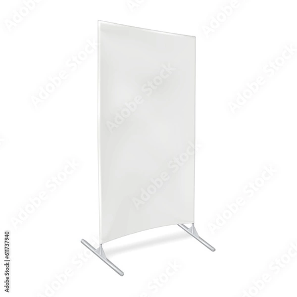 Fototapeta Floor banner stand vector mock-up. Vertical pop-up display realistic mockup. White blank flex standee. Template for design