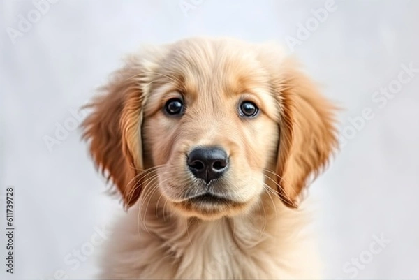 Obraz Happy Young Golden Retriever Puppy Posing for Portrait. Pedigreed Breed Pet Labrador on White Background. Generative AI
