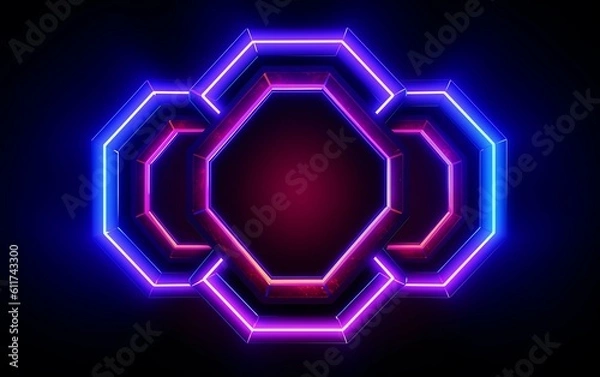 Fototapeta Neon Light background with hexagonal frame 3D illustration geometric wallpaper. generative ai