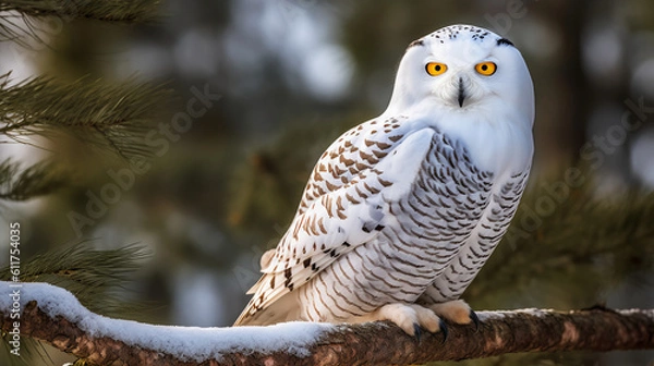 Fototapeta A majestic snowy owl perched on a tree branch, its piercing gaze captivating all who behold it, generative ai