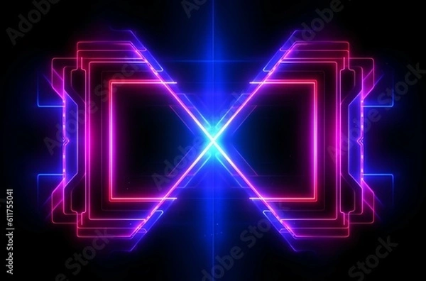 Fototapeta Technological and futuristic abstract neon light shapes on black background over, generative ai