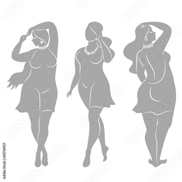 Fototapeta Collection.Beautiful woman silhouette in modern single line continuous style. The girl is overweight. The lady is standing. vector illustration set.