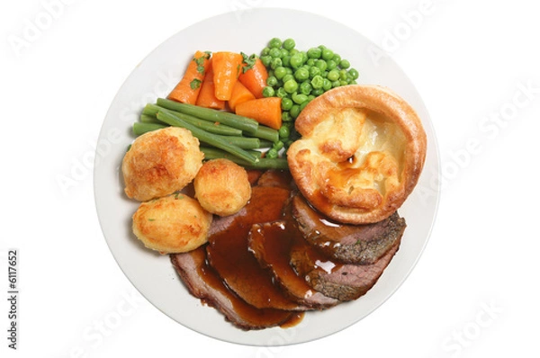 Fototapeta Roast beef, yorkshire pudding and vegetables