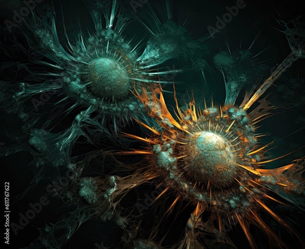 Obraz Background with viruses, microscopic view of floating virus cells, organism.