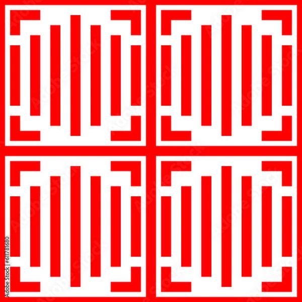 Fototapeta Repeated red figures on white background. Ornamental wallpaper. Seamless surface pattern design with symmetrical lines and brackets ornament. Ethnic motif. Digital paper for textile print.