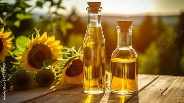 Fototapeta Sunflower vegetable oil with black seed kernels and flower vegetarian dressing for salads and cooking and frying. Country style. Healthly food. Generative AI
