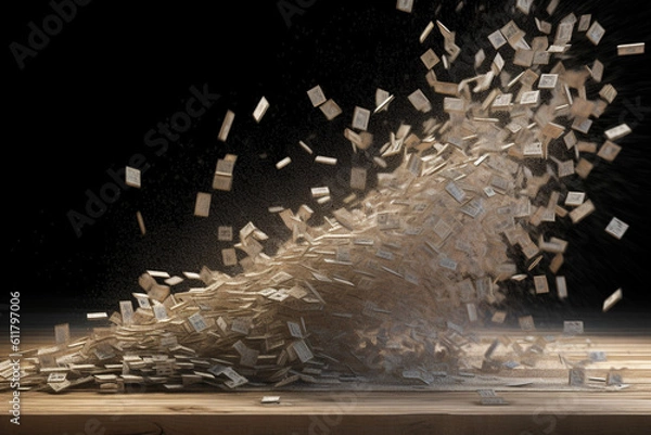 Fototapeta A stack of hundred dollar bills disintegrating into dust, symbolizing the impact of a shrinking economy. 3D Rendering.