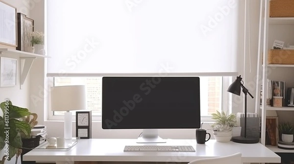 Fototapeta Standing in front of a mock-up computer screen in a home office with white walls and a white table. working from home and the idea of advertising Generative AI