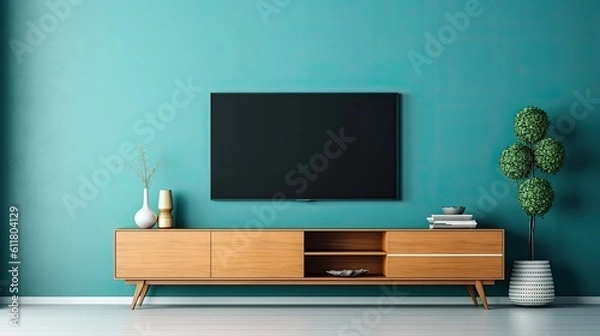 Fototapeta Modern living room TV cabinet against a blank, cyan wall. Generative AI