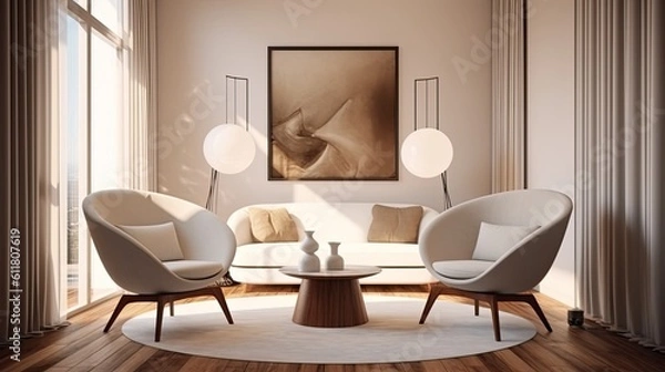 Fototapeta modern interior design. On a wooden floor next to a white wall, there are two chic armchairs and a coffee table. Generative AI