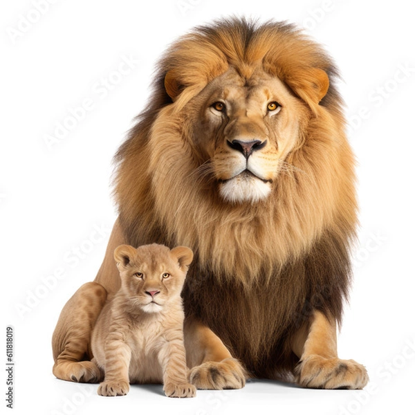 Fototapeta Majestic Male Lion Protectively Embracing Playful Cub, Isolated on Transparent Background. Powerful Lion Bond Generative AI
