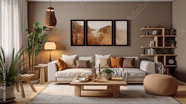 Fototapeta Ładny salon mieszkaniowy jest stylowy ozdobiony brązową drewnianą sofą, stolikiem do kawy, szarą półką, poduszką i drobnymi akcentami. Pomysł w beżu i japońsku. wystawianie domu generatywnego AI