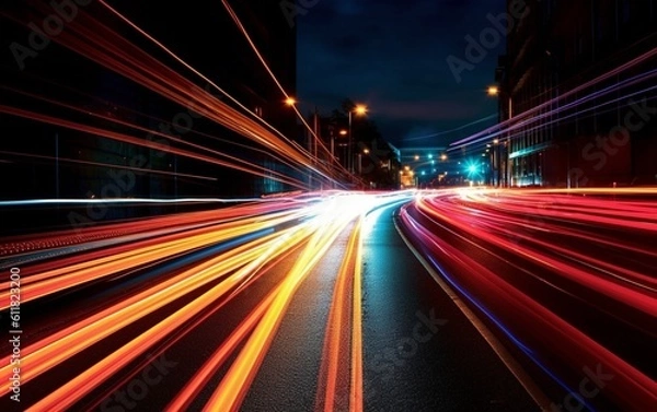 Fototapeta Night Rhythms: Mesmerizing Abstract Light Trails in the Urban Tapestry - High-Quality Wallpaper, Generative AI