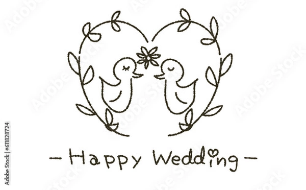 Obraz 森の鳥たちのウェディング線画イラスト