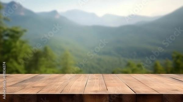 Fototapeta Empty wooden table on mountain background, Desk of free space for product display. Generative Ai