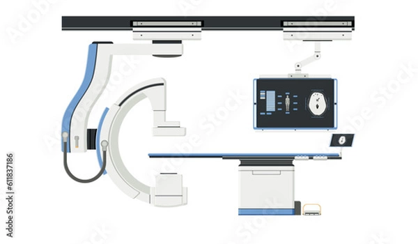 Fototapeta X-ray fluoroscopy machine Examination of various organs of the body that requires the use of contrast medium along with X-ray photography, cath lab department in the hospital. Flat design