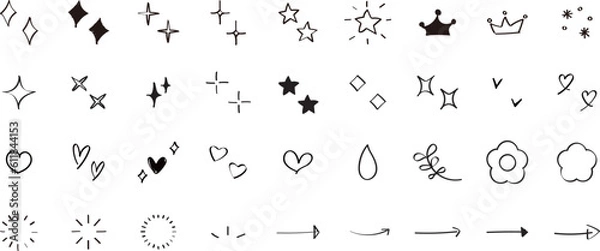 Obraz イラスト素材：かわいい手書きのあしらいセット（キラキラ・ハート・花・矢印・太陽）