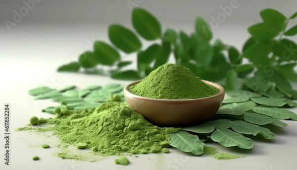 Fototapeta Moringa powder (Moringa Oleifera) in ceramic bowl with original fresh Moringa leaves isolated on white background. Healthy product, superfood, vitamin. Generative AI