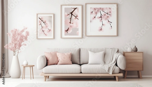 Fototapeta Modern Spring Scandinavian Living Room Interior, Wooden picture frame, Poster Mockup. Sofa with linen pale pink striped cushions, Cherry Plum blossoms in a vase, Elegant stylish minimal home decor,