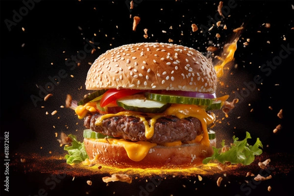Fototapeta Hamburger with flying ingredients on a background. created using generative AI tools