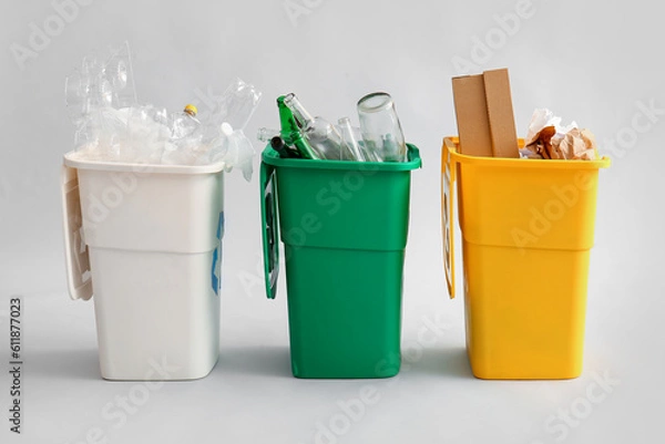 Obraz Containers with different types of garbage on light background. Recycling concept
