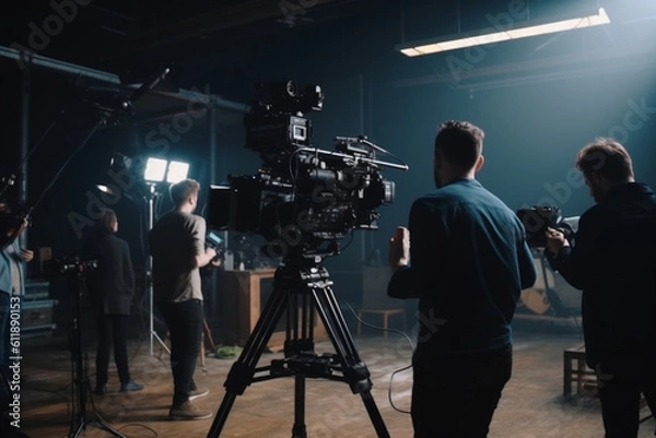 Obraz unrecognizable Production team shooting some video movie for tv commercial with studio equipment set
